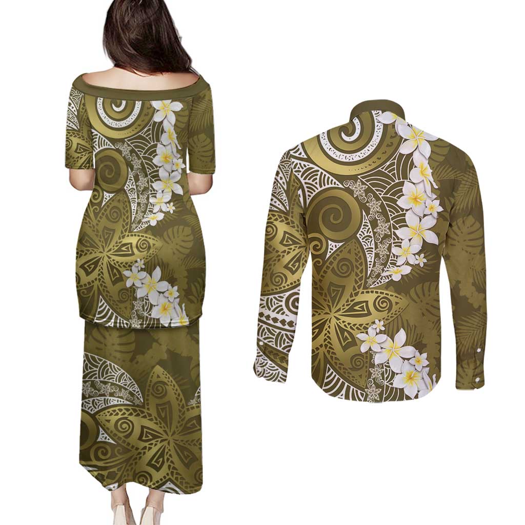 Gold Polynesian Tribal Frangipani Tropical Vibe Couples Matching Puletasi and Long Sleeve Button Shirt LT14 - Polynesian Pride
