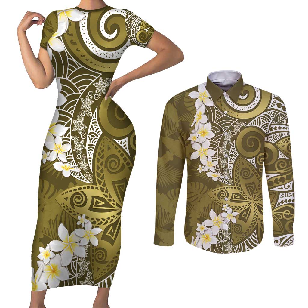 Gold Polynesian Tribal Frangipani Tropical Vibe Couples Matching Short Sleeve Bodycon Dress and Long Sleeve Button Shirt