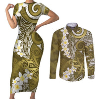 Gold Polynesian Tribal Frangipani Tropical Vibe Couples Matching Short Sleeve Bodycon Dress and Long Sleeve Button Shirt