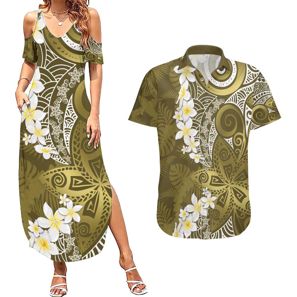 Gold Polynesian Tribal Frangipani Tropical Vibe Couples Matching Summer Maxi Dress and Hawaiian Shirt LT14 Gold - Polynesian Pride