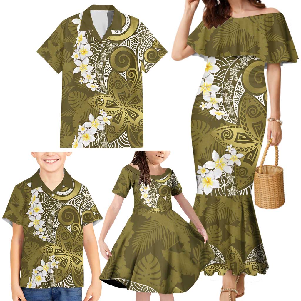 Gold Polynesian Tribal Frangipani Tropical Vibe Family Matching Mermaid Dress and Hawaiian Shirt