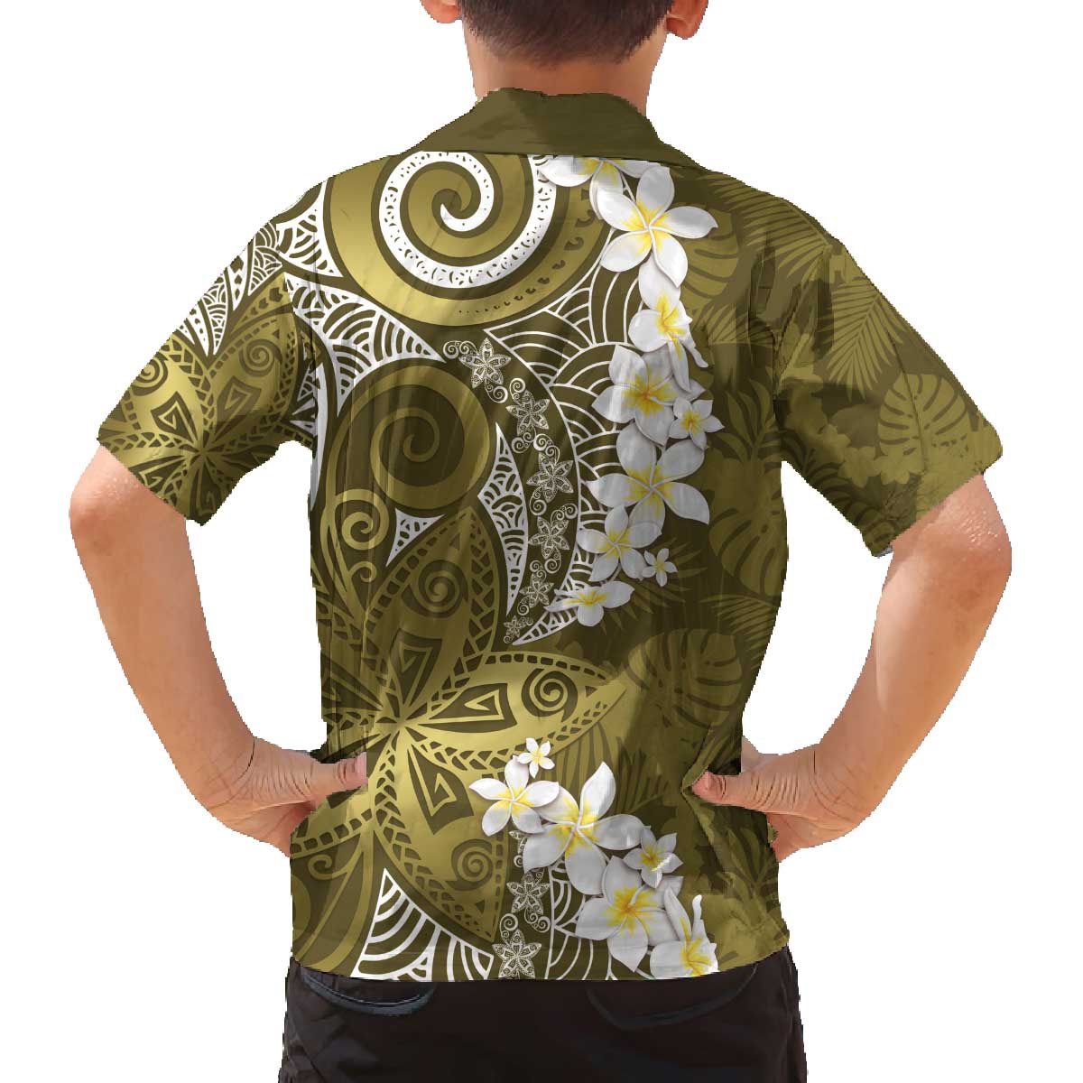 Gold Polynesian Tribal Frangipani Tropical Vibe Family Matching Off The Shoulder Long Sleeve Dress and Hawaiian Shirt