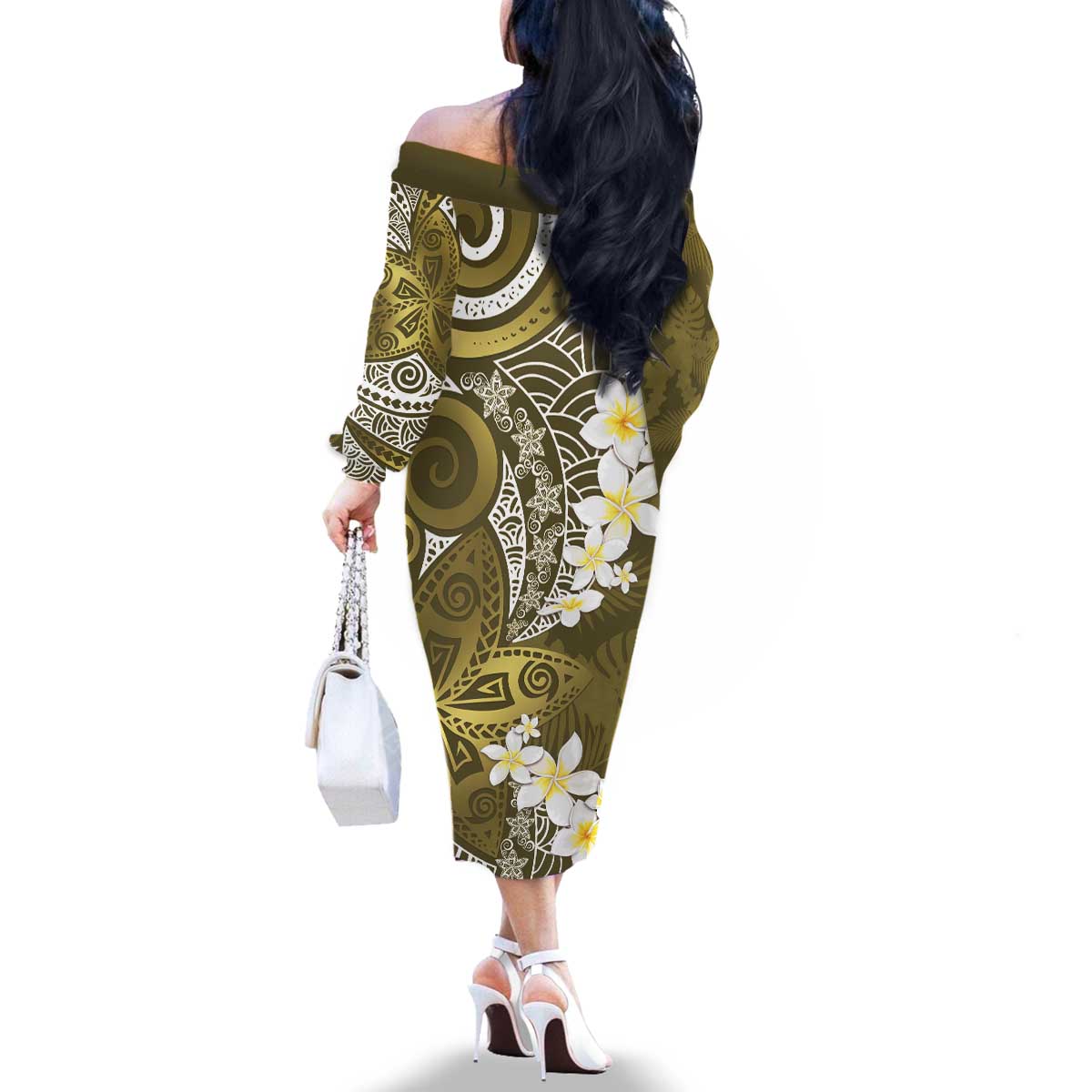 Gold Polynesian Tribal Frangipani Tropical Vibe Family Matching Off The Shoulder Long Sleeve Dress and Hawaiian Shirt
