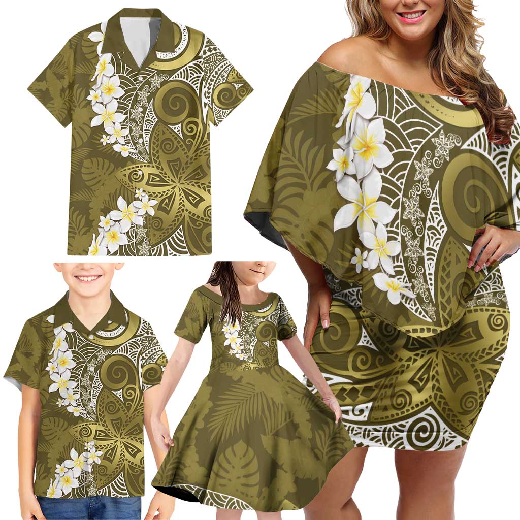 Gold Polynesian Tribal Frangipani Tropical Vibe Family Matching Off Shoulder Short Dress and Hawaiian Shirt