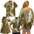 Gold Polynesian Tribal Frangipani Tropical Vibe Family Matching Off Shoulder Short Dress and Hawaiian Shirt