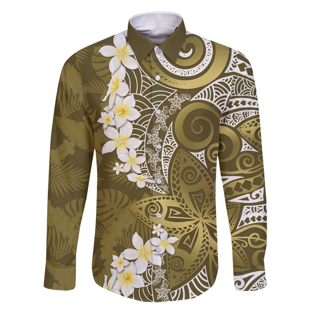 Gold Polynesian Tribal Frangipani Tropical Vibe Family Matching Puletasi and Hawaiian Shirt