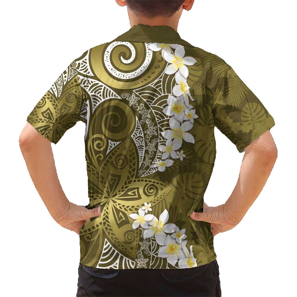 Gold Polynesian Tribal Frangipani Tropical Vibe Family Matching Short Sleeve Bodycon Dress and Hawaiian Shirt