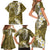 Gold Polynesian Tribal Frangipani Tropical Vibe Family Matching Short Sleeve Bodycon Dress and Hawaiian Shirt