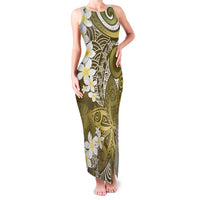 Gold Polynesian Tribal Frangipani Tropical Vibe Family Matching Tank Maxi Dress and Hawaiian Shirt