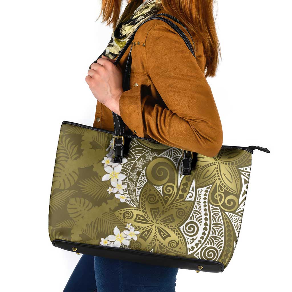 Gold Polynesian Tribal Frangipani Tropical Vibe Leather Tote Bag LT14 Gold - Polynesian Pride