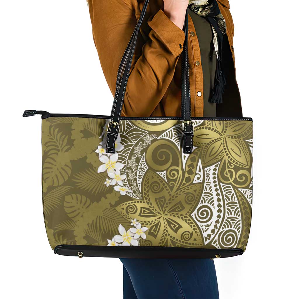 Gold Polynesian Tribal Frangipani Tropical Vibe Leather Tote Bag LT14 - Polynesian Pride