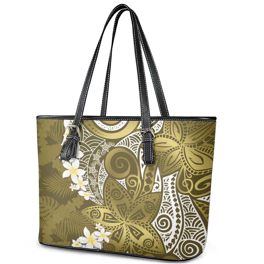Gold Polynesian Tribal Frangipani Tropical Vibe Leather Tote Bag LT14 - Polynesian Pride