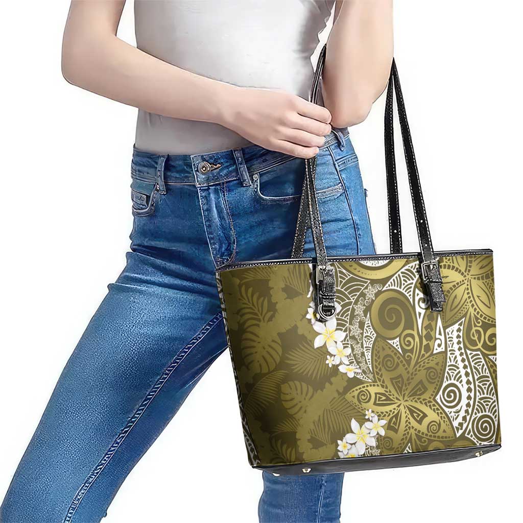 Gold Polynesian Tribal Frangipani Tropical Vibe Leather Tote Bag LT14 - Polynesian Pride