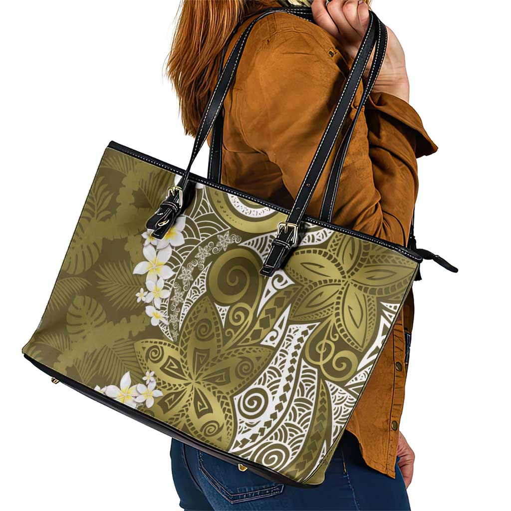 Gold Polynesian Tribal Frangipani Tropical Vibe Leather Tote Bag LT14 - Polynesian Pride