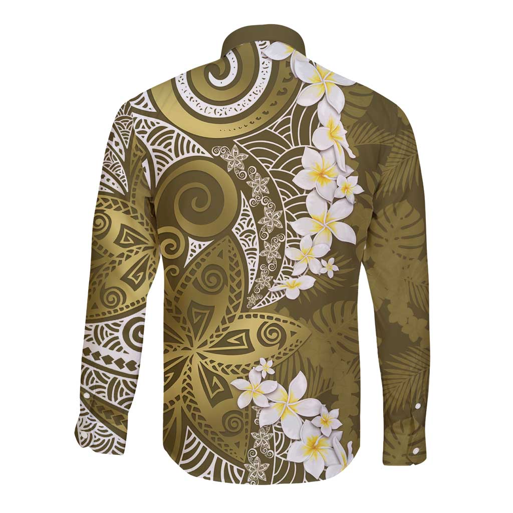 Gold Polynesian Tribal Frangipani Tropical Vibe Long Sleeve Button Shirt LT14 - Polynesian Pride