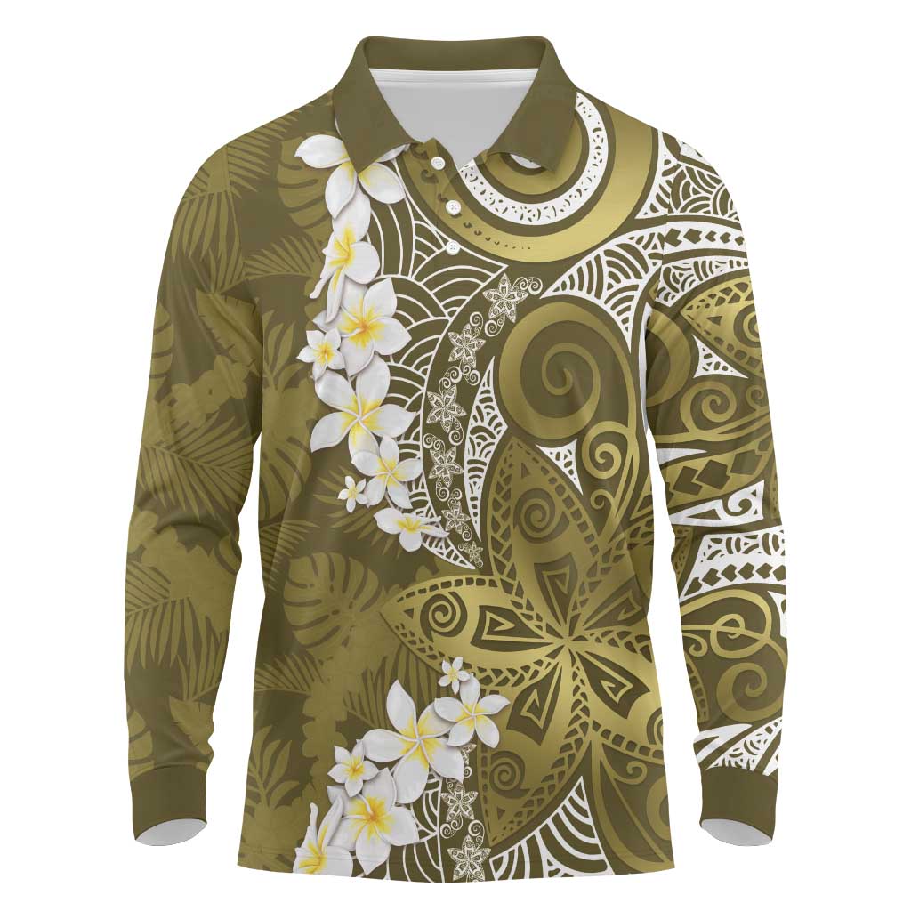 Gold Polynesian Tribal Frangipani Tropical Vibe Long Sleeve Polo Shirt