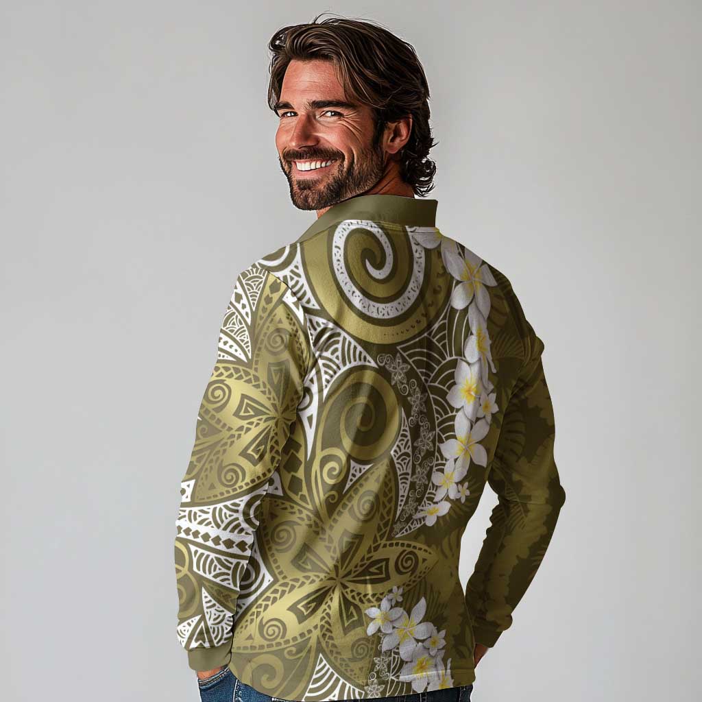 Gold Polynesian Tribal Frangipani Tropical Vibe Long Sleeve Polo Shirt