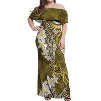 Gold Polynesian Tribal Frangipani Tropical Vibe Off Shoulder Maxi Dress LT14 Women Gold - Polynesian Pride