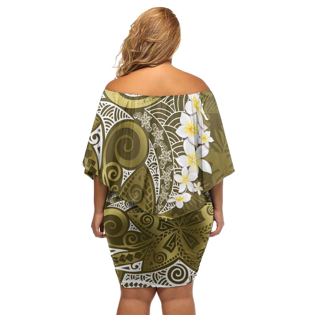 Gold Polynesian Tribal Frangipani Tropical Vibe Off Shoulder Short Dress LT14 - Polynesian Pride