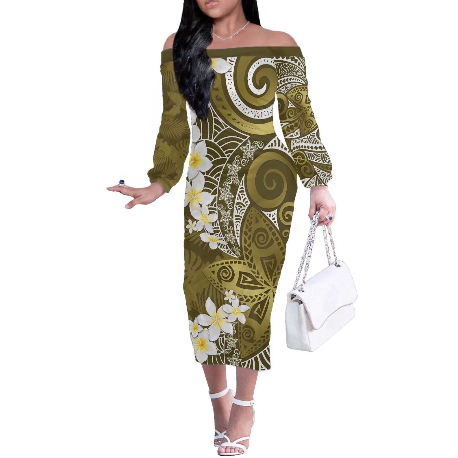 Gold Polynesian Tribal Frangipani Tropical Vibe Off The Shoulder Long Sleeve Dress
