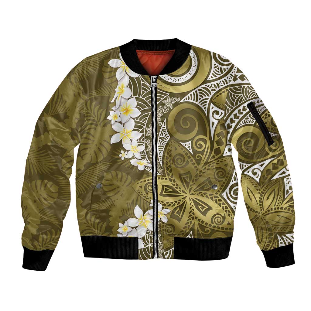 Gold Polynesian Tribal Frangipani Tropical Vibe Sleeve Zip Bomber Jacket