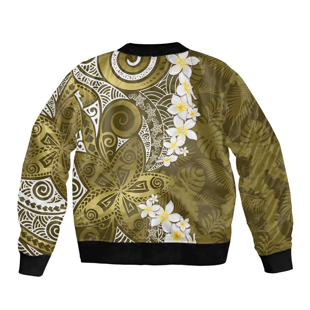 Gold Polynesian Tribal Frangipani Tropical Vibe Sleeve Zip Bomber Jacket