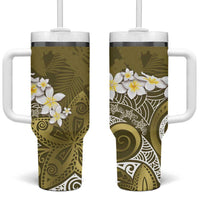 Gold Polynesian Tribal Frangipani Tropical Vibe Tumbler With Handle LT14 One Size: 40 oz Gold - Polynesian Pride