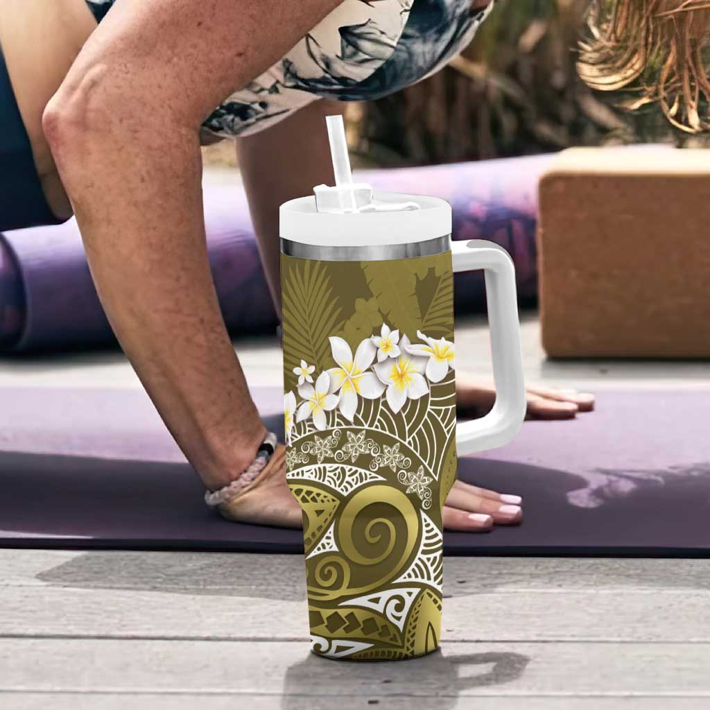 Gold Polynesian Tribal Frangipani Tropical Vibe Tumbler With Handle LT14 - Polynesian Pride