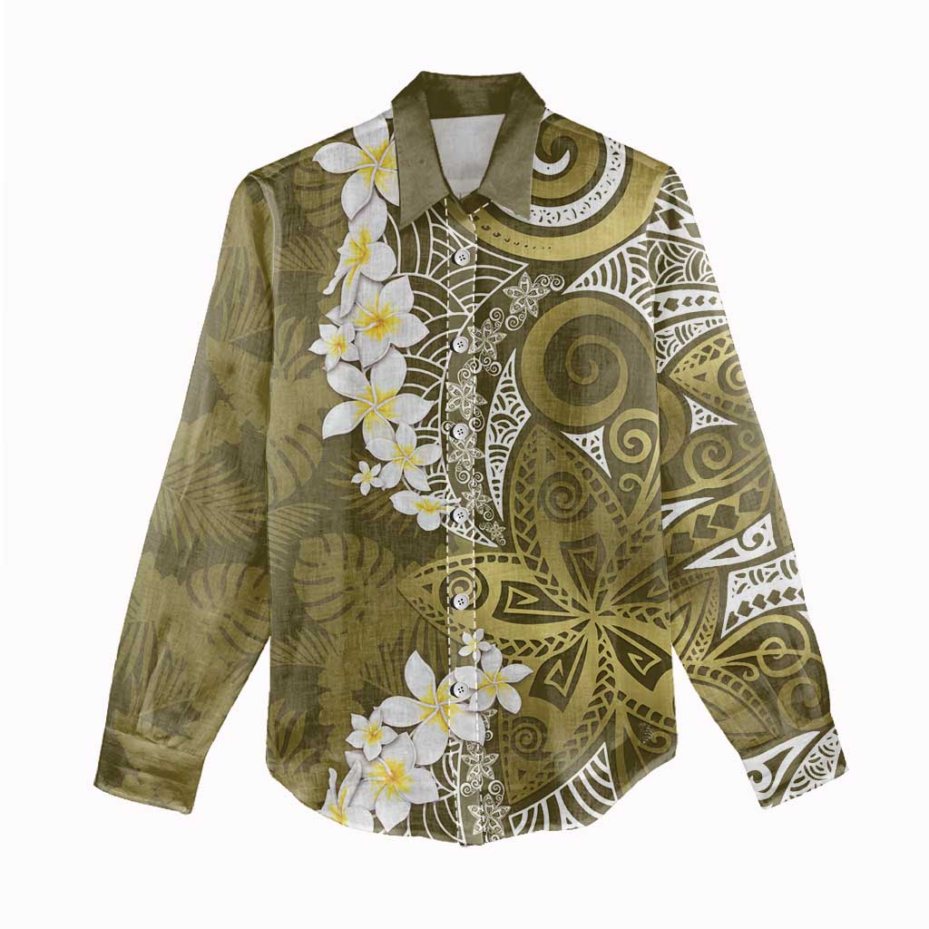 Gold Polynesian Tribal Frangipani Tropical Vibe Women Casual Shirt