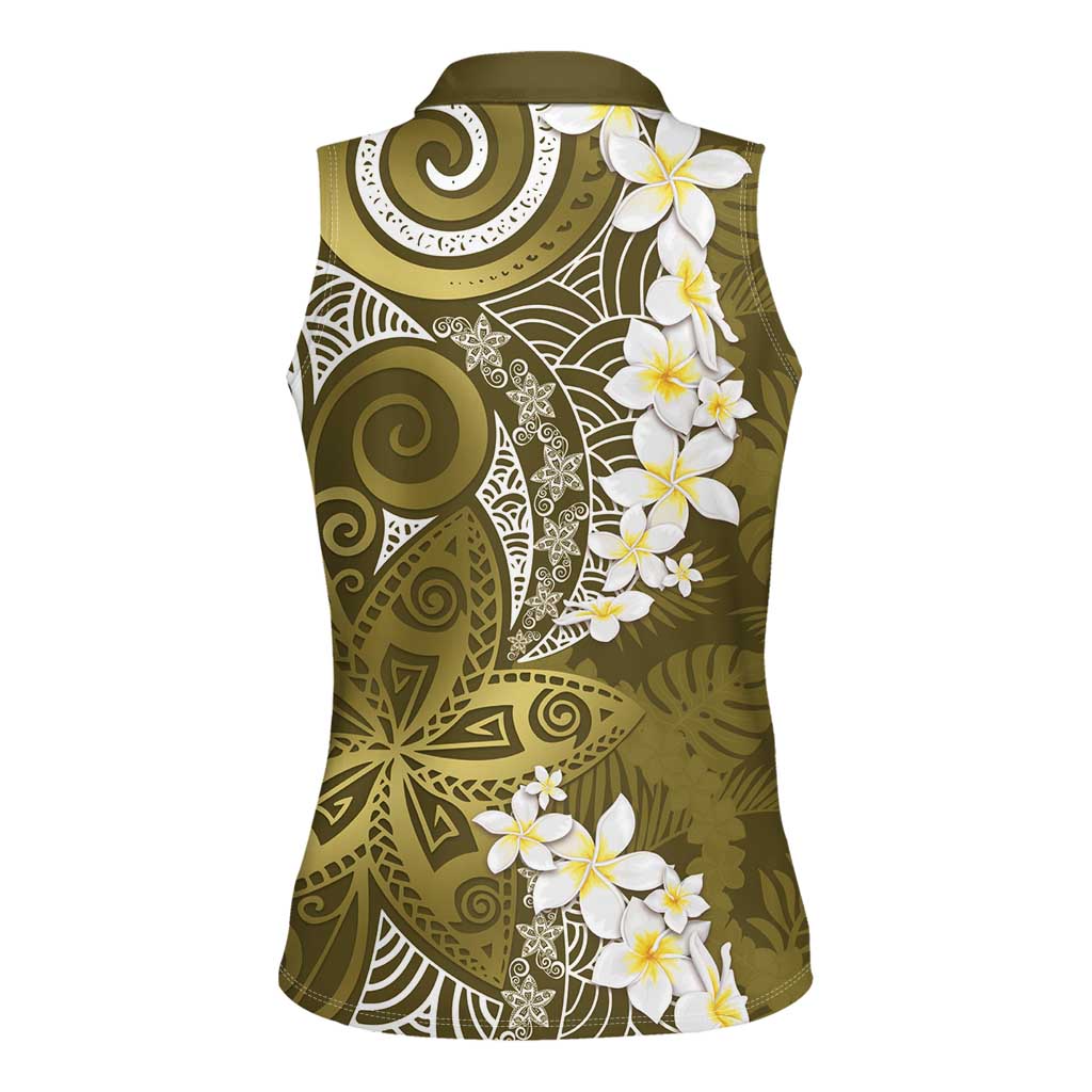 Gold Polynesian Tribal Frangipani Tropical Vibe Women Sleeveless Polo Shirt
