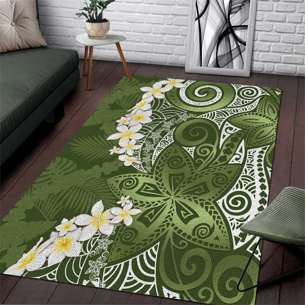 Green Polynesian Tribal Frangipani Tropical Vibe Area Rug