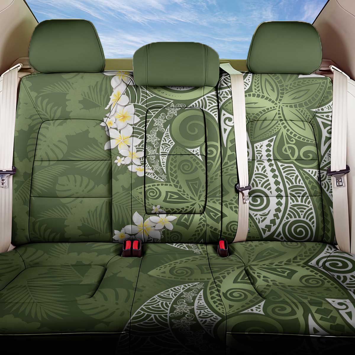 Green Polynesian Tribal Frangipani Tropical Vibe Back Car Seat Cover