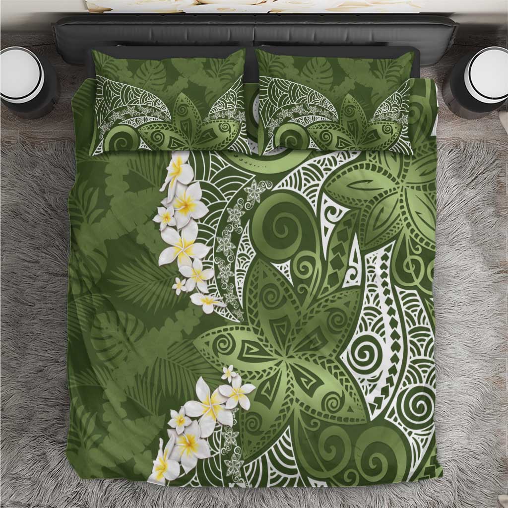 Green Polynesian Tribal Frangipani Tropical Vibe Bedding Set