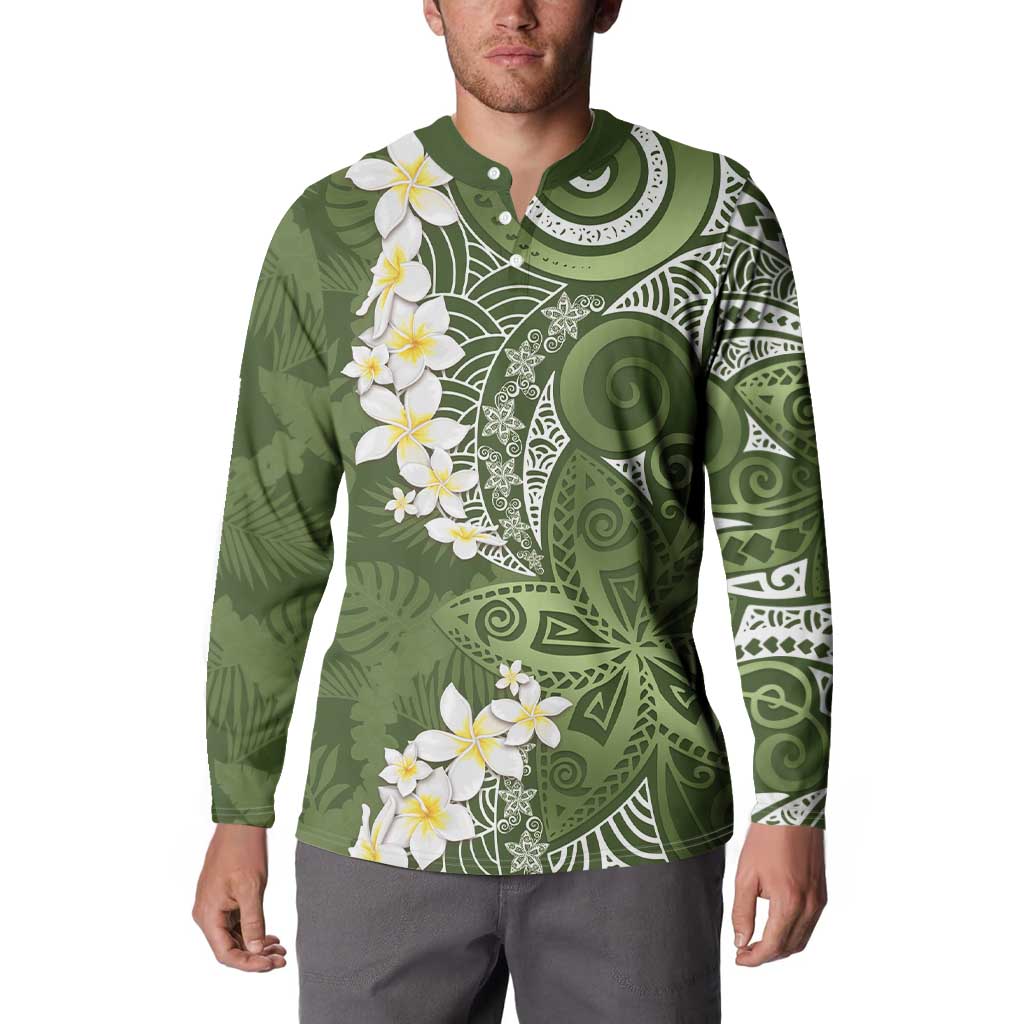 Green Polynesian Tribal Frangipani Tropical Vibe Button Sweatshirt LT14 - Polynesian Pride