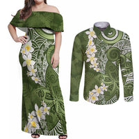 Green Polynesian Tribal Frangipani Tropical Vibe Couples Matching Off Shoulder Maxi Dress and Long Sleeve Button Shirt
