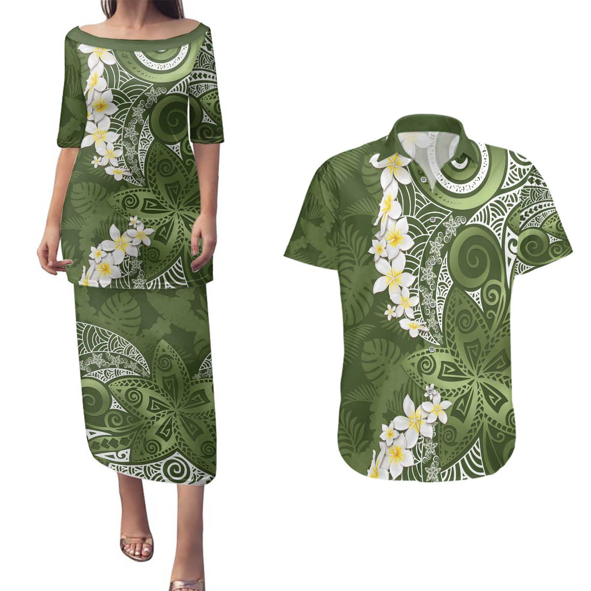 Green Polynesian Tribal Frangipani Tropical Vibe Couples Matching Puletasi and Hawaiian Shirt LT14 Green - Polynesian Pride