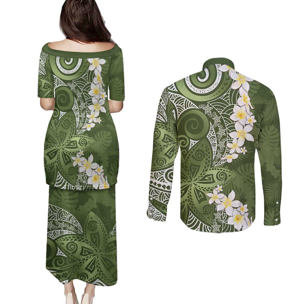 Green Polynesian Tribal Frangipani Tropical Vibe Couples Matching Puletasi and Long Sleeve Button Shirt LT14 - Polynesian Pride