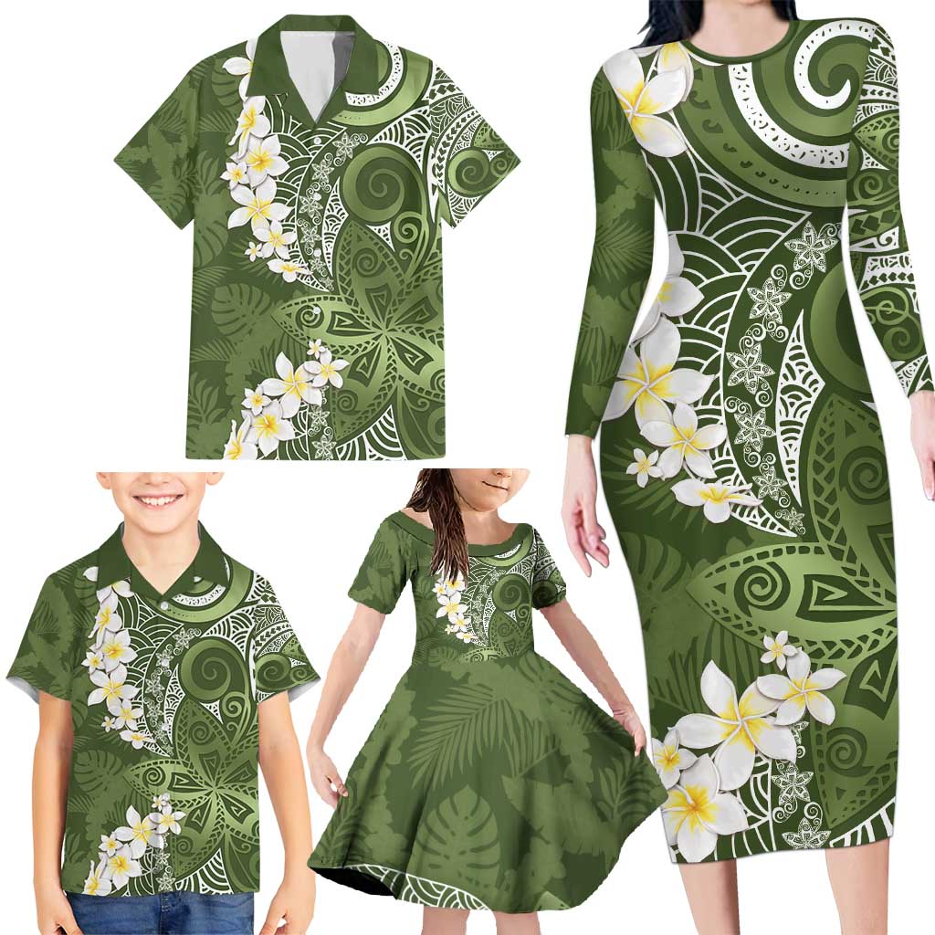 Green Polynesian Tribal Frangipani Tropical Vibe Family Matching Long Sleeve Bodycon Dress and Hawaiian Shirt