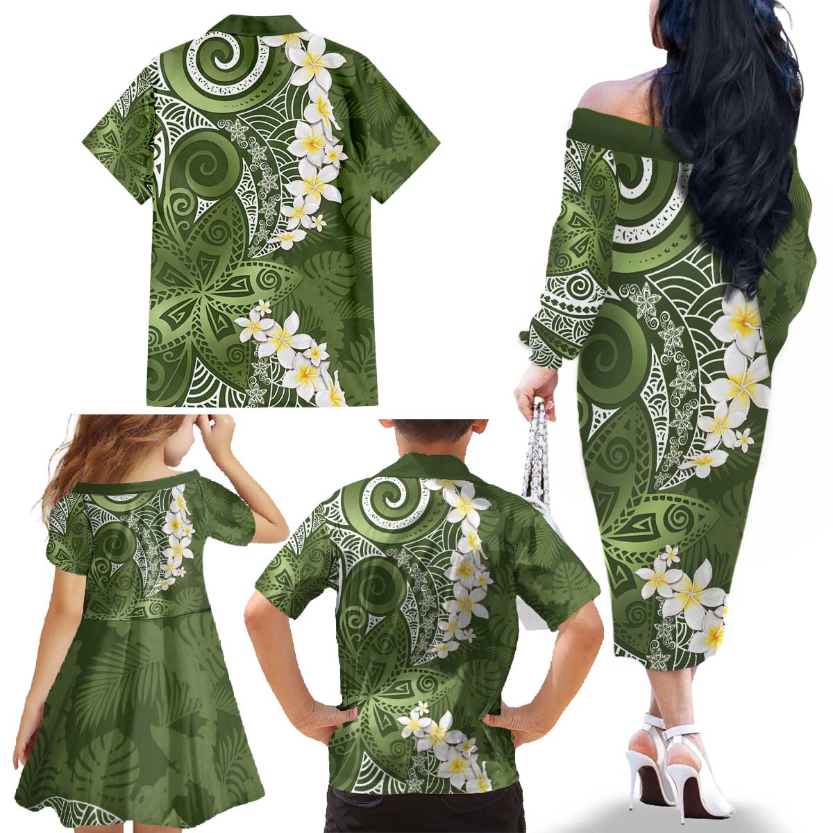 Green Polynesian Tribal Frangipani Tropical Vibe Family Matching Off The Shoulder Long Sleeve Dress and Hawaiian Shirt