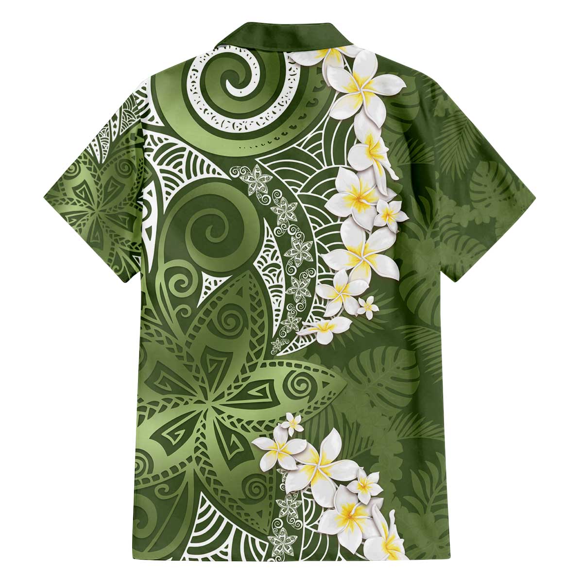 Green Polynesian Tribal Frangipani Tropical Vibe Family Matching Off The Shoulder Long Sleeve Dress and Hawaiian Shirt