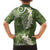 Green Polynesian Tribal Frangipani Tropical Vibe Family Matching Off Shoulder Short Dress and Hawaiian Shirt