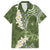 Green Polynesian Tribal Frangipani Tropical Vibe Family Matching Off Shoulder Short Dress and Hawaiian Shirt