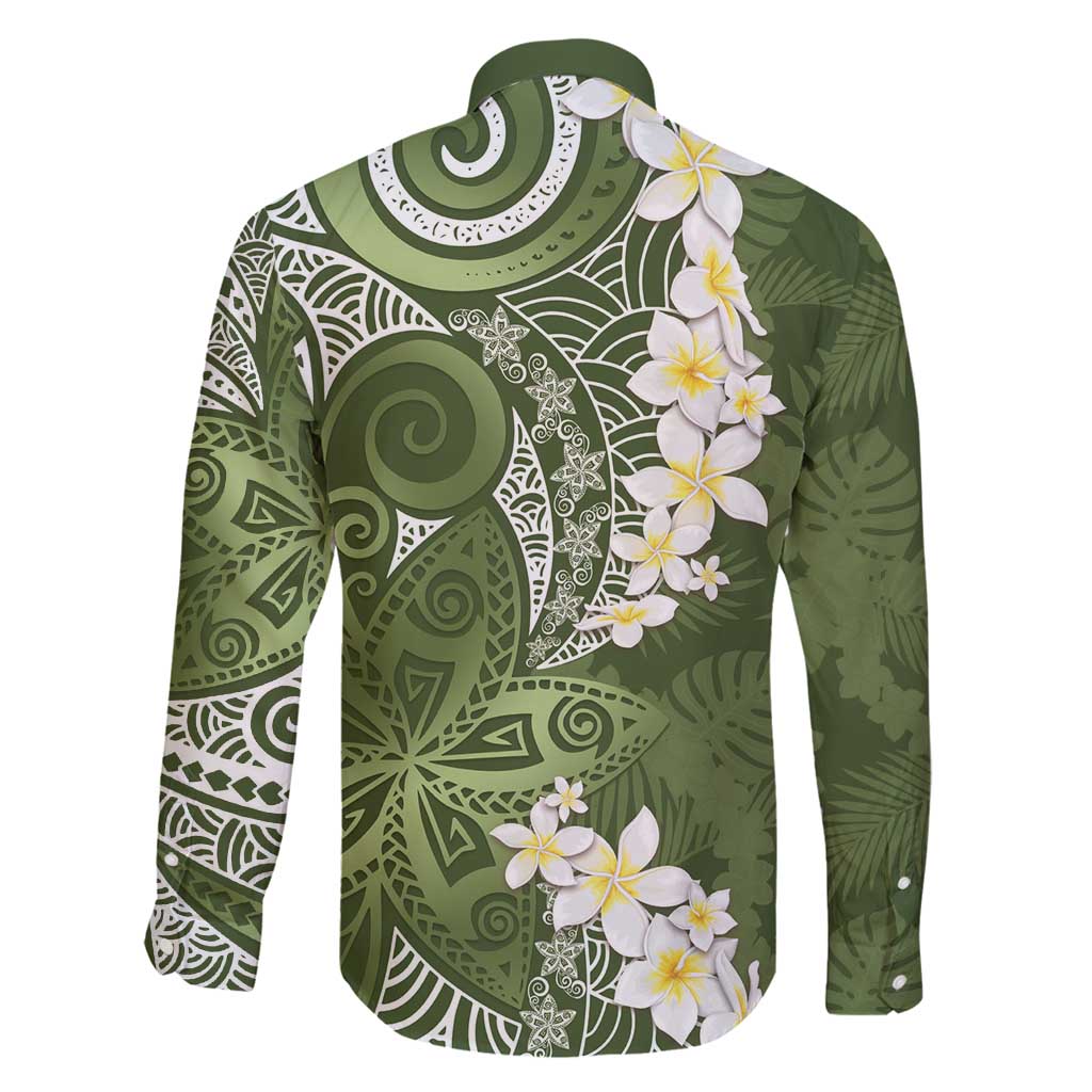 Green Polynesian Tribal Frangipani Tropical Vibe Family Matching Off Shoulder Short Dress and Hawaiian Shirt