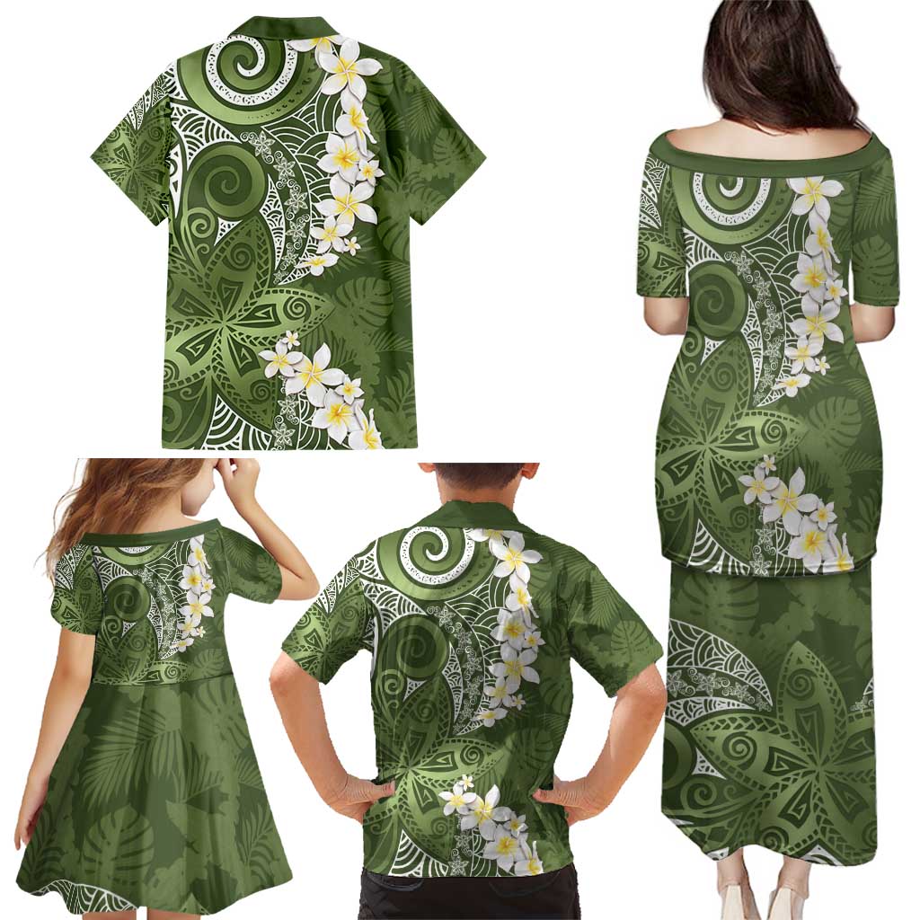Green Polynesian Tribal Frangipani Tropical Vibe Family Matching Puletasi and Hawaiian Shirt