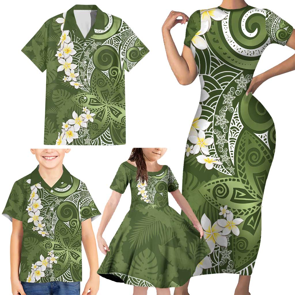 Green Polynesian Tribal Frangipani Tropical Vibe Family Matching Short Sleeve Bodycon Dress and Hawaiian Shirt