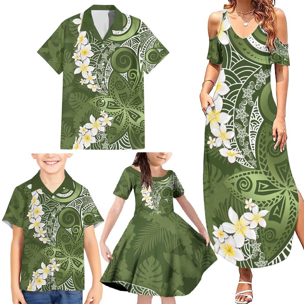 Green Polynesian Tribal Frangipani Tropical Vibe Family Matching Summer Maxi Dress and Hawaiian Shirt