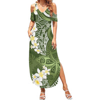 Green Polynesian Tribal Frangipani Tropical Vibe Family Matching Summer Maxi Dress and Hawaiian Shirt