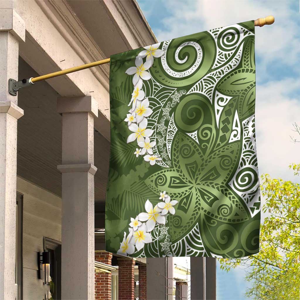 Green Polynesian Tribal Frangipani Tropical Vibe Garden Flag LT14 House Flag Green - Polynesian Pride