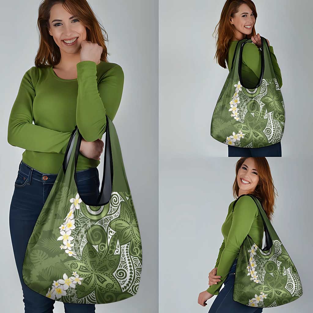 Green Polynesian Tribal Frangipani Tropical Vibe Grocery Bag LT14 - Polynesian Pride