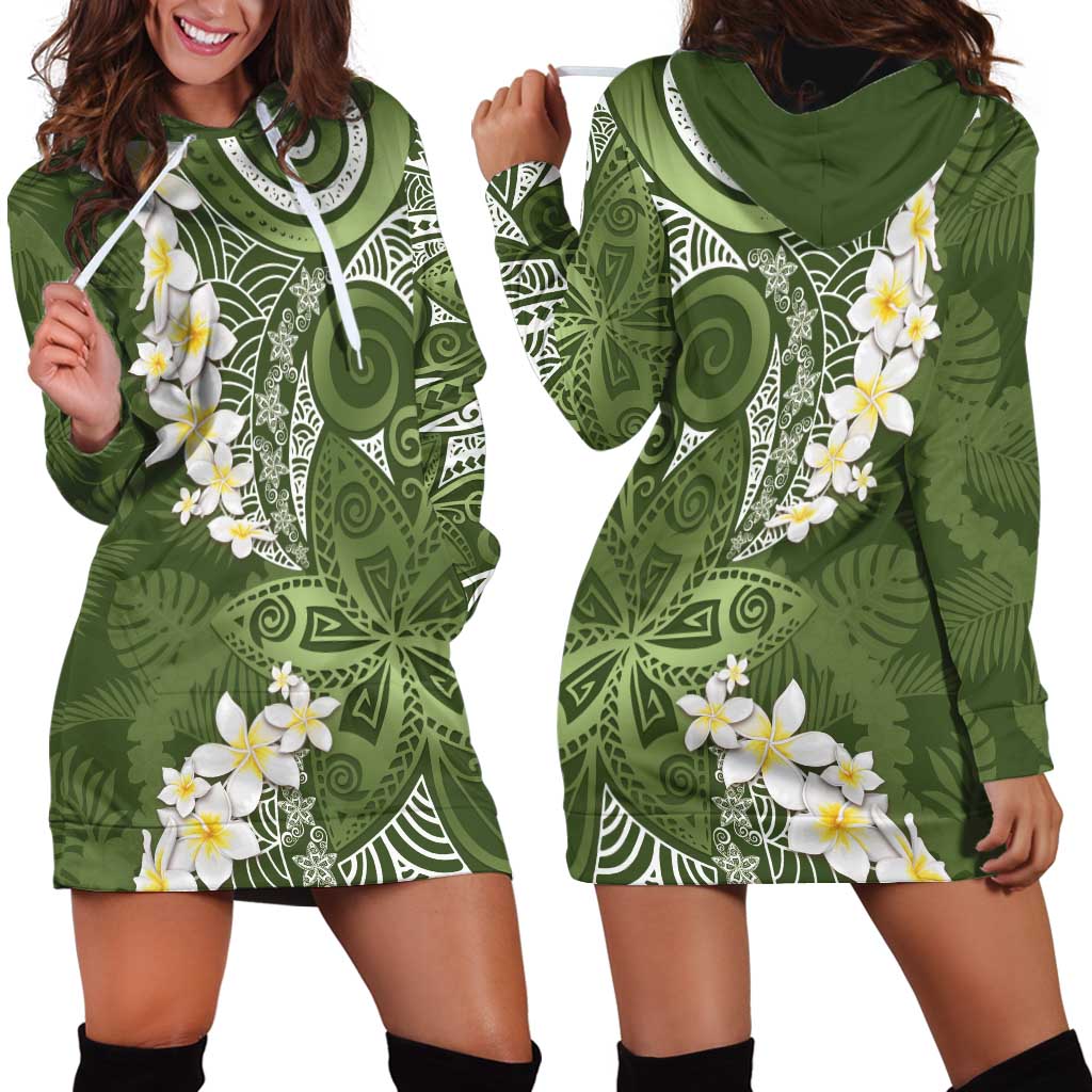 Green Polynesian Tribal Frangipani Tropical Vibe Hoodie Dress LT14 - Polynesian Pride